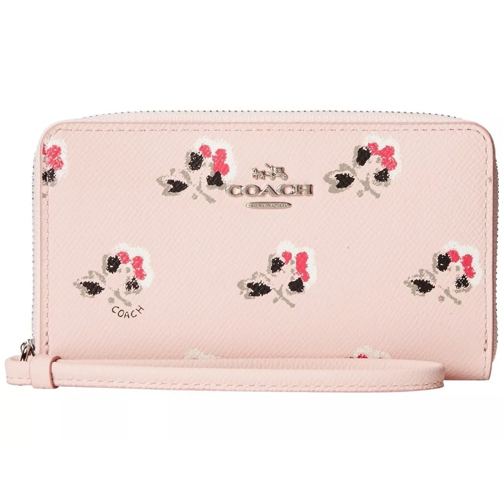 Coach Pink Floral Leather Wristlet Wallet with Zip-Around Design 6”X3.5”